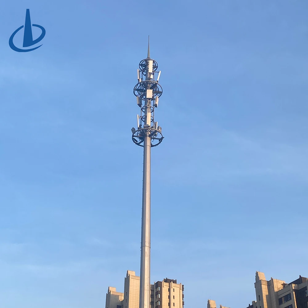 برج اتصالات فولاذي أحادي الأنبوب متعدد الوظائف لشبكات 3G و4G و5G، مُغلف بالغمس الساخن بالزنك، وقابل للتخصيص حسب الارتفاع المطلوب