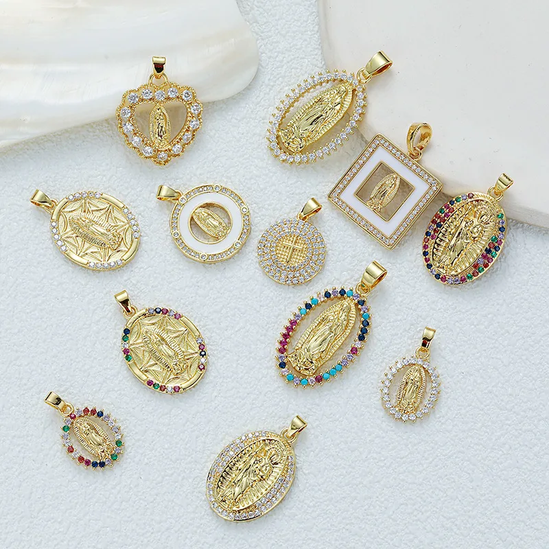 New Fashion Trending Gold Plated Virgin Mary Catholic Charm Necklace Multi-Crystal Luxury Pendant Children's Accessory Design
