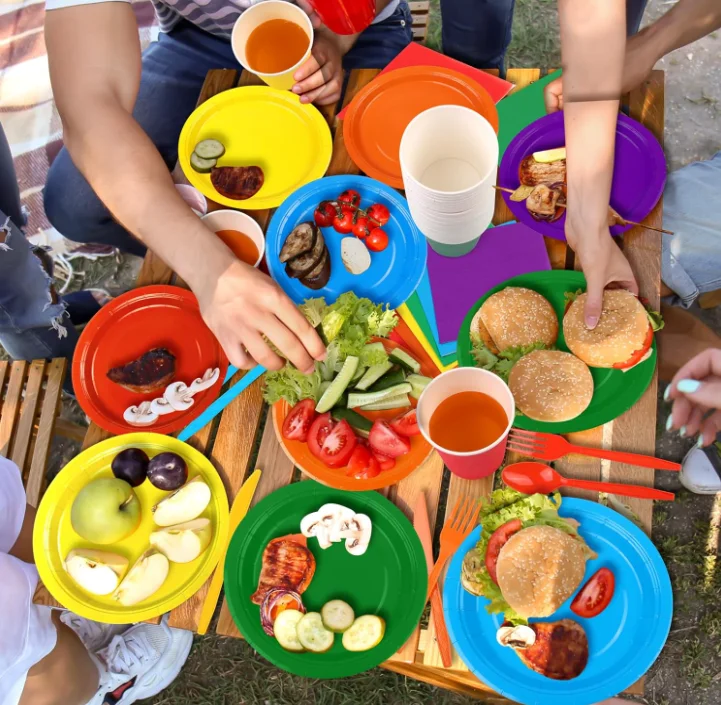 DAMAI Rainbow Disposable Party Tableware Set for Birthday Party 7inch and 9" Plates  9oz Cups Napkins Paper Plate Sets