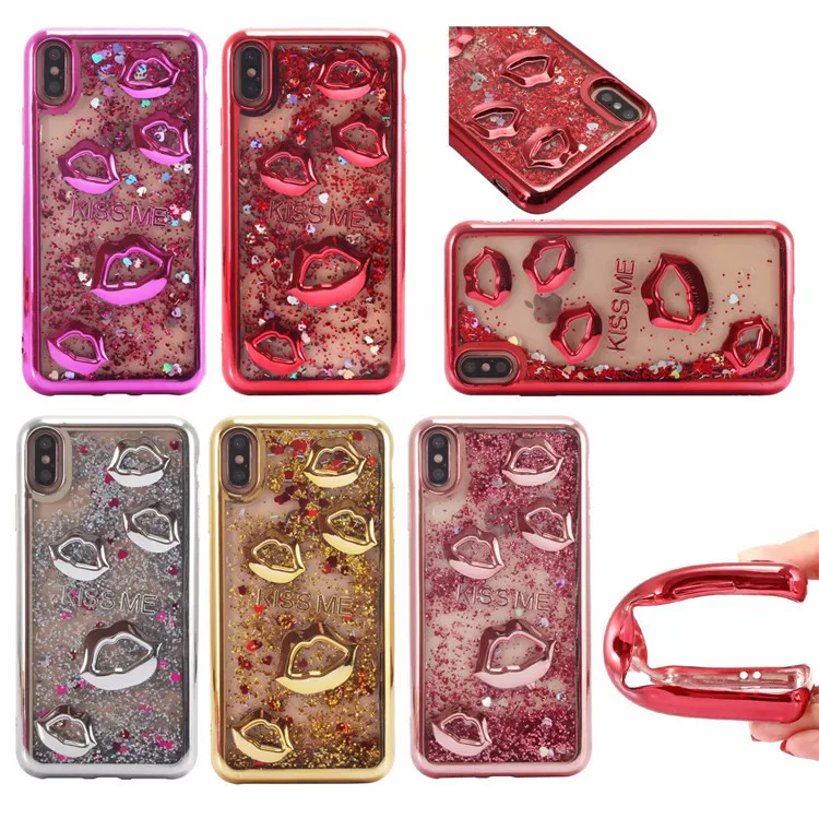Luxury 3D Liquid Quicksand Flowing Floating Bling Glitter Sexy Lip Phone  Xs Max Case Shining Lipstick Kiss Soft Silicone Cover
