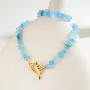 Simple Fashion Women Natural Aquamarine Gemstone Choker Necklace Stainless Steel Ot Buckle Clasp Necklace
