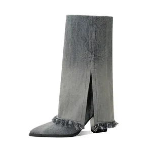 Women's Below the Knee Mid-Calf Block Heel Boot Fold Over Denim with Pointed Toe Western Style for Autumn Winter Summer