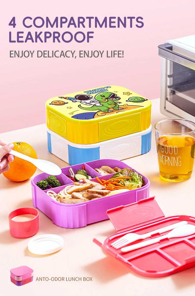 FDA LFGB CE CPC cartoon student kids 4 compartments leakproof plastic food grade lunch box with sauce box and cutlery 1200ml