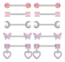 5 Pairs 14G Nipple Rings Stainless Steel Nipple Piercing CZ Heart Butterfly Barbell Tongue Rings Set Piercing Jewelry for Women