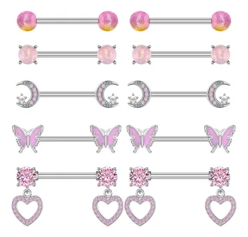 5 Pairs 14G Nipple Rings Stainless Steel Nipple Piercing CZ Heart Butterfly Barbell Tongue Rings Set Piercing Jewelry for Women