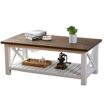 Wood Rustic Coffee Table Farmhouse Vintage Cocktail Table with Shelf for Living Room White and Brown