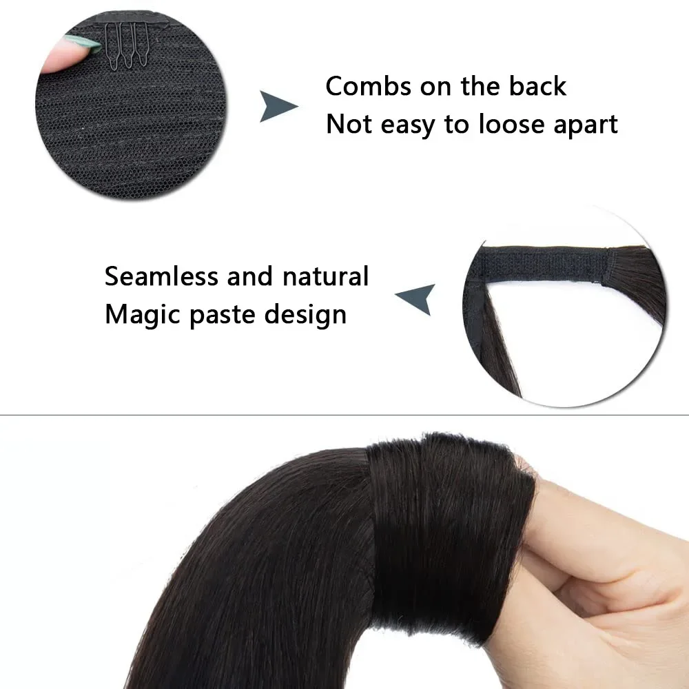Extension per capelli con clip per coda di cavallo dritta da 26 pollici, parrucchino, capelli umani brasiliani neri naturali_voghion.com