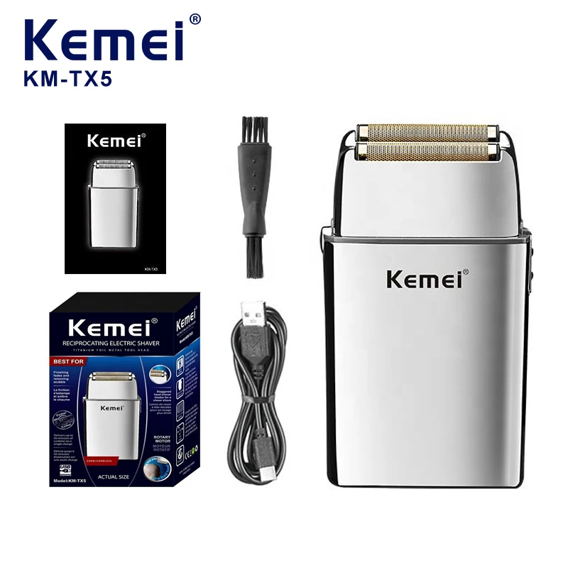 Rasoir électrique masculin à double grille Kemei Km-Tx5 haut de gamme, rechargeable, batterie 600 mAh, finition argentée, corps en alliage d’aluminium, technologie à mouvement alternatif, fournisseur professionnel