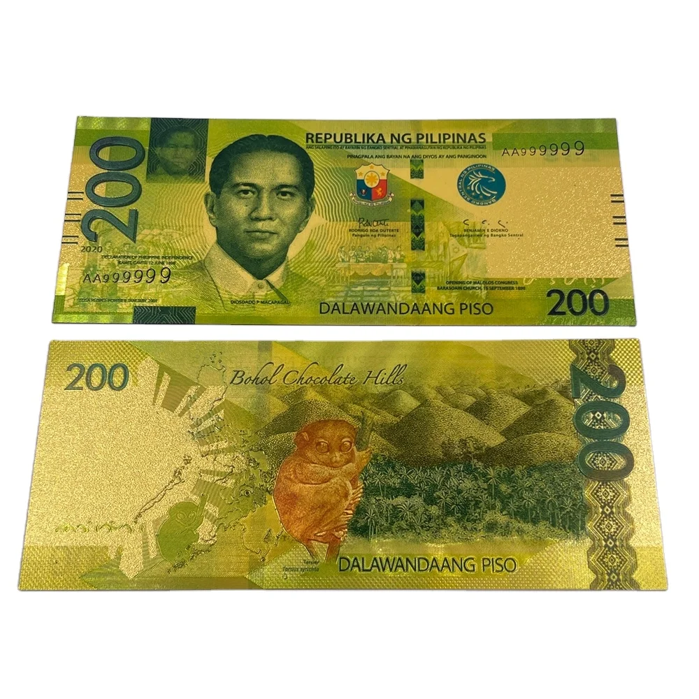 定制免运费 菲律宾货币收藏工艺品 塑料 20 50 100 200 500 24k 镀金纸币