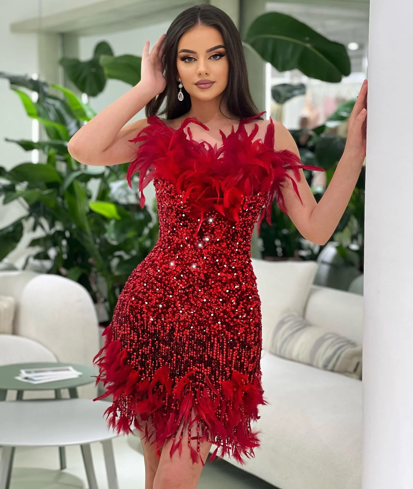 strapless open back dress Cleo Red Sequin Split Sleeve Ruched Detail Bodycon Midaxi Dress