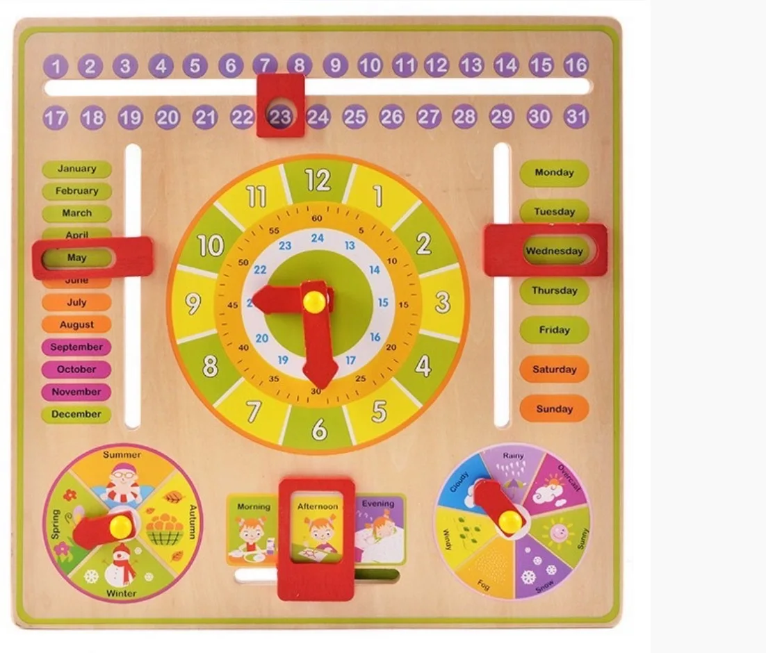 नया डिज़ाइन बहु-कार्यात्मक लकड़ी का सीखने का कैलेंडर घड़ी खिलौना, थोक में बच्चों के विकास के लिए बहुमुखी फ्लैप अबैकस घड़ी