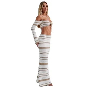 2025 New Arrival Women's Sexy Two-Piece Summer Casual Skirt Long-Sleeved Halter Top Fashionable Woven Skinny Short Fashion Style