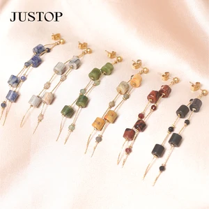 18K Gold Plated Agate Natural Stone Drop Earrings Fashionable Stainless Steel Chain Link for Gift