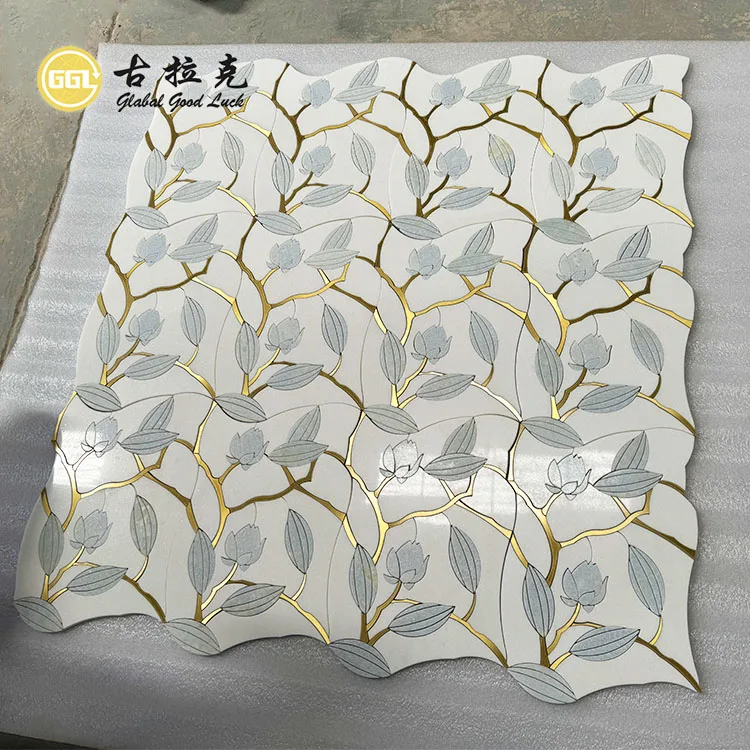 Polished  Flower Design Blue and White Marble Mix Brass Mosaic Waterjet Art Tiles