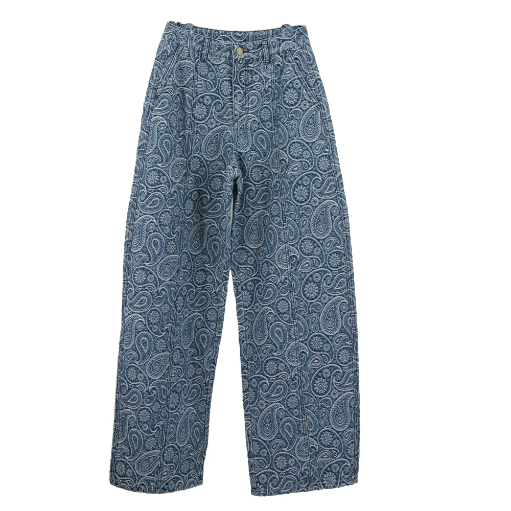 High Waist Washed Wide Leg Denim Jeans Straight Fit Paisley Embroidery Design Jeans