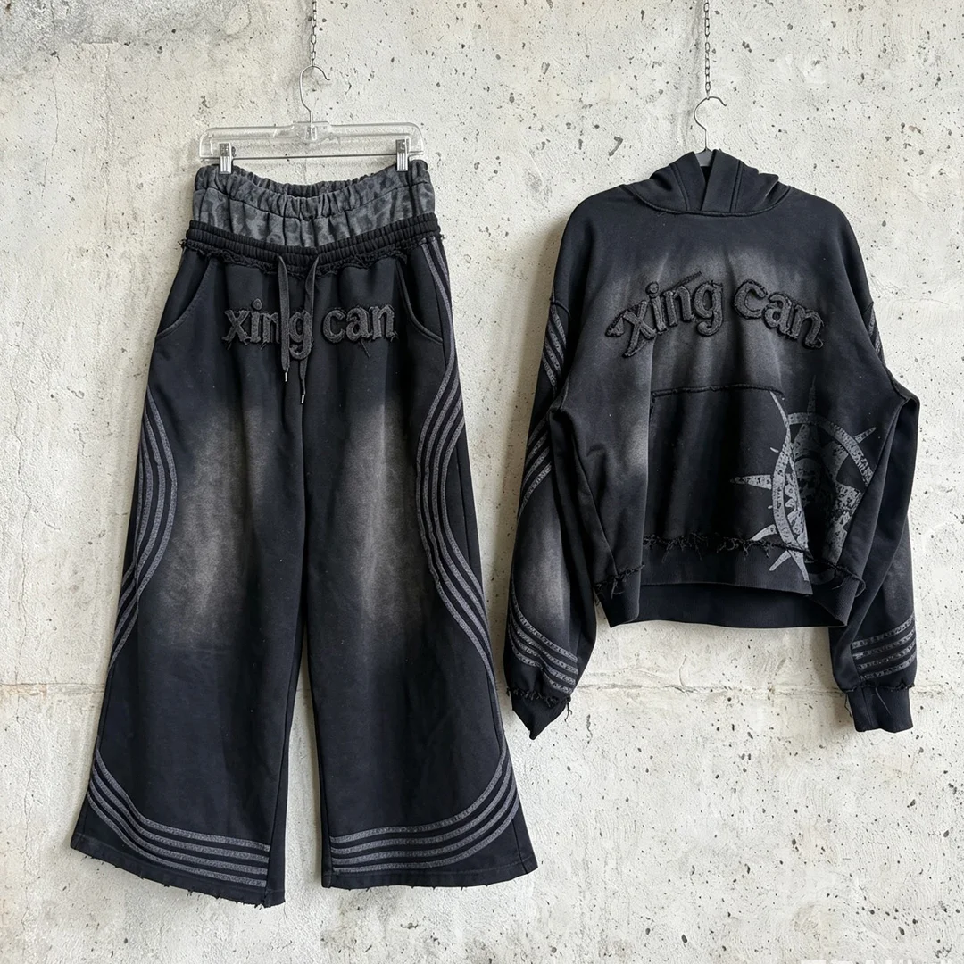 Beklædningsproducent tilpasset emblembroderi, unisex træningssæt i bomuld, vintage syrefarvet hoodie i to dele til mænd, OEM