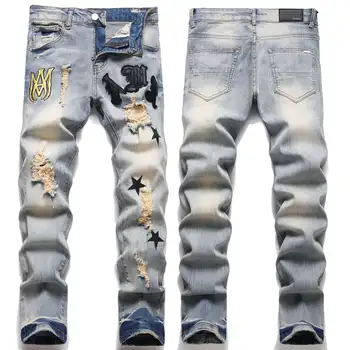 Amiriy Badge Patches Black Men'S Slim Fit Jeans High Street Embroidery Baggy Ripped Skinny Jeans for Men