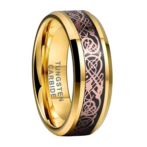 Coolstyle Jewelry 8mm Dragon Inlay Polished Shiny Gold Tungsten Carbide Ring for Men Women Fahsion Engagement Band Comfort Fit