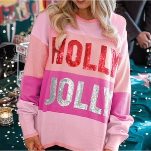 China V-times Wholesale Winter Casual Knitted Christmas Color Block Crew Neck Sweater Women