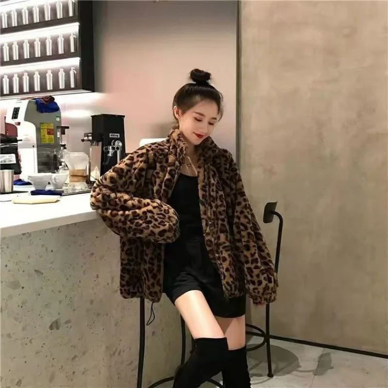 European American Autumn Winter New Korean Style Wool/Silk Slim ELEGANT Maternity Leopard Print Long Sleeves Coat Retro Women's