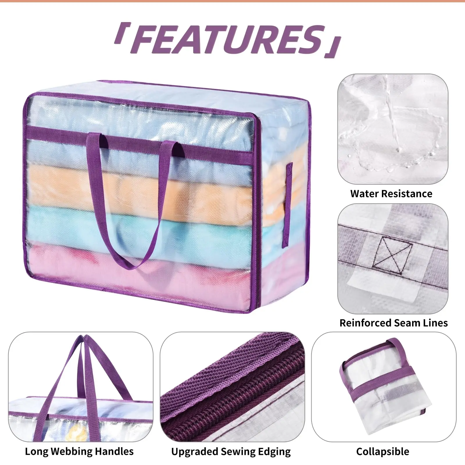 Large Clear Blanket Storage Bags with Zipper Handles Comforter Storage Bag Portable Plastic Bedding Storage for Clothes