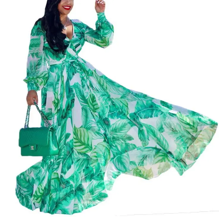 PASUXI Good Reputation Chiffon Digital Print Women Maxi Dress Long Sleeve Plus Size Party Dresses