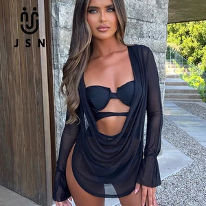JSN 2026 One Piece Swimsuit With Mesh Cover up Hollow Out Swimwear Thong Bikini Sexy Custom Bikinis Swimwear