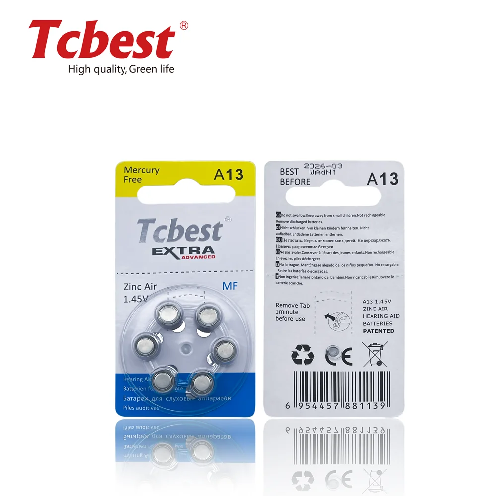 핫 세일 아연 에어 버튼 셀 배터리 A13 PR48 1.4 볼트 보청기 배터리