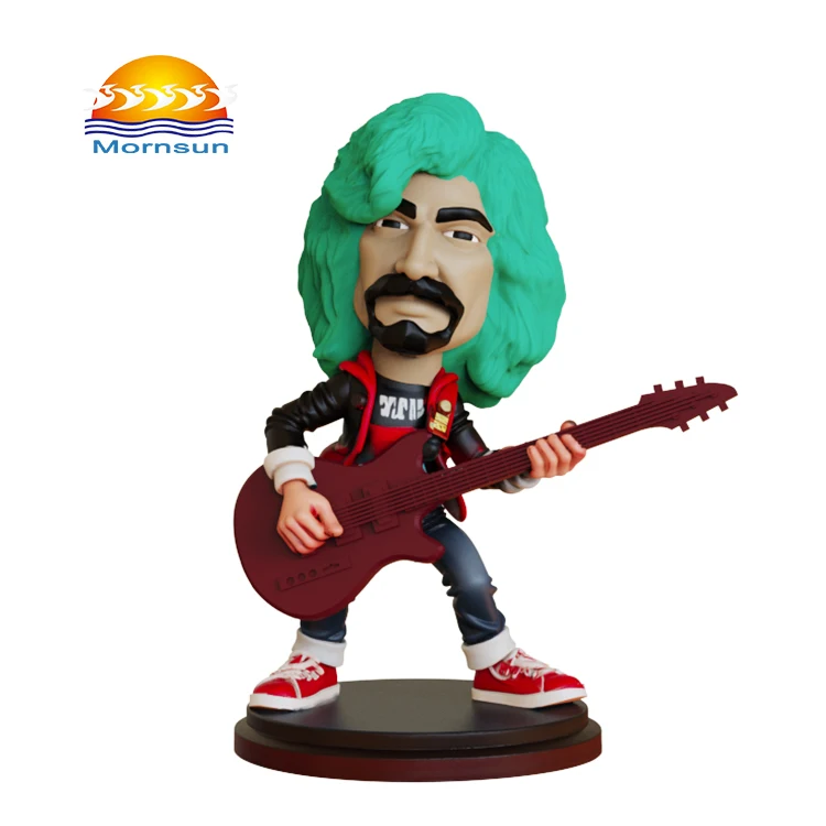 Venta al por mayor de figuras de resina personalizadas de estrella de rock con cabeza móvil, juguete musical con cabeza móvil y guitarra, muñeca coleccionable de alta calidad