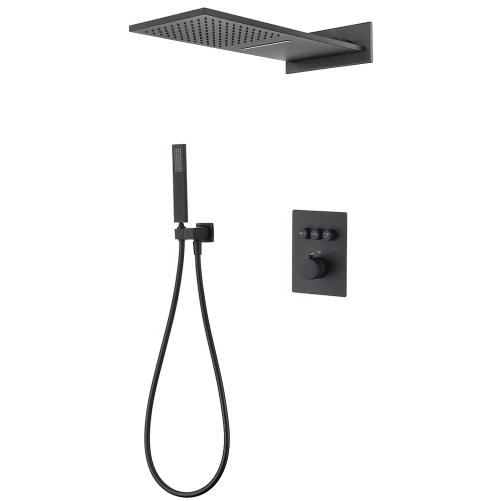 Modern Hot Cold Water Matt Black Wall Mounted Thermostatic Brass