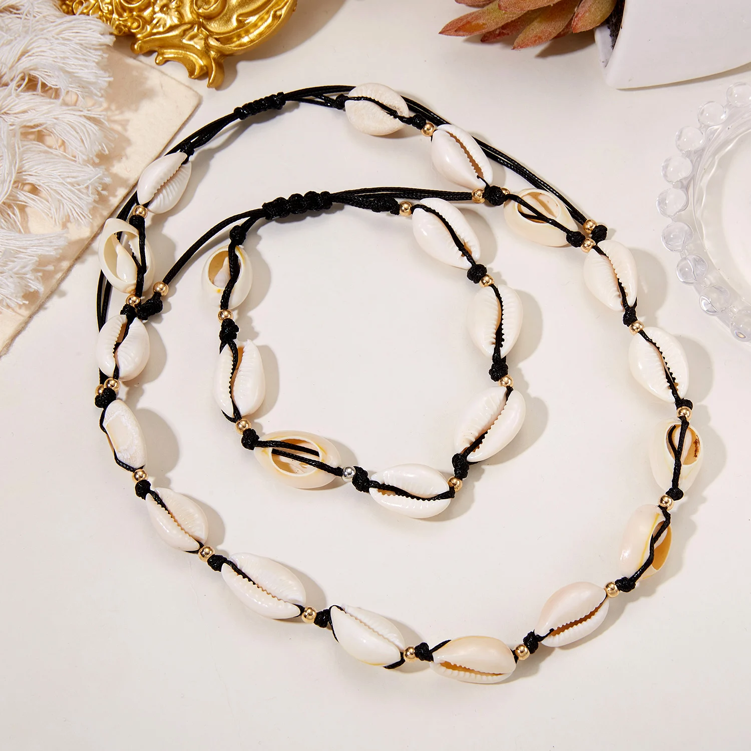 Bohemia Natural White Shell Necklace Bracelet Set for Women Handmade  Colored String Summer Beach Shell Choker Bangle Jewelry Set