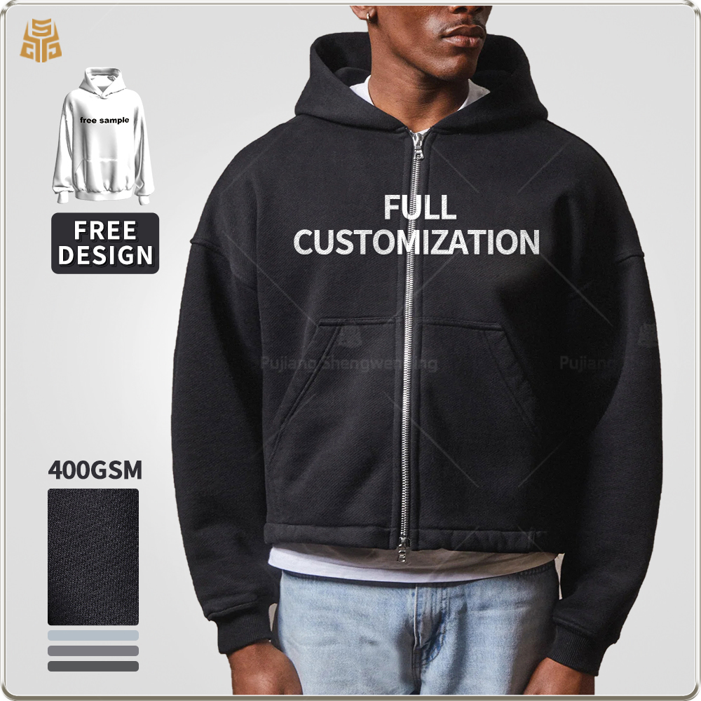 sudaderas con capucha de algodón de 400 gsm, cortadas en cuadro, oversize, con cremallera, de alta calidad, fabricante de sudaderas personalizadas