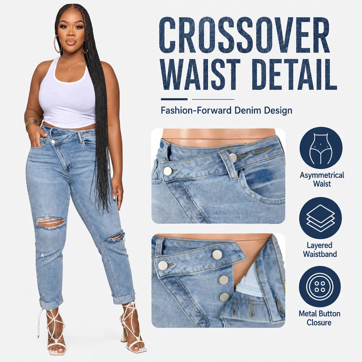 New Arrivals Broken Hole High Waisted Casual Womens Stretchy Pencil Pants Light Wash Breathable Jeans