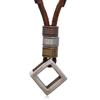 Genuine Leather Cord Chain Jewelry Vintage Hollow Square Pendant Necklace Mens Charm Bronze Antique Necklace size adjustable