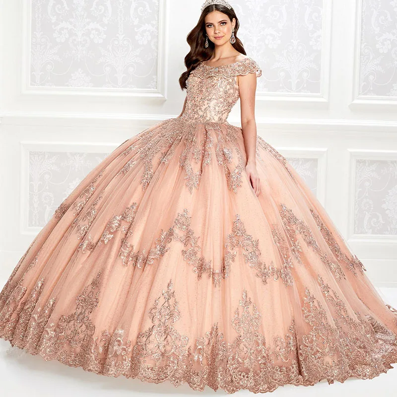 QD1524 Luxury Princess Ball Gown Quinceanera Dresses Sweet 15 Party Pageant Lace Crystal Beads Tulle Scoop Neck Corset
