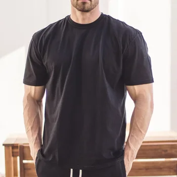 Summer Casual Drop Shoulder T-shirt Men Plain Heavy Tee Shirts Oversized Blank Black Boxy Fit T Shirt