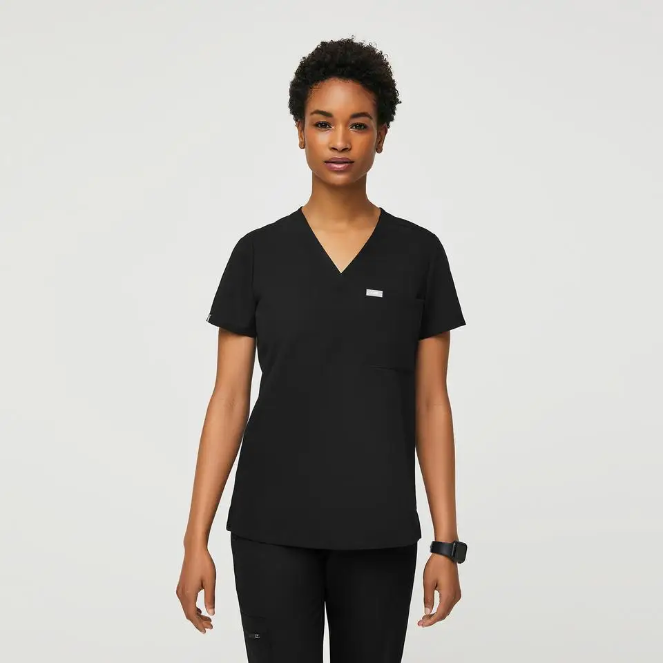 Hot Sell Three Piece Set Black Stylish Stretch Womens Scrub Nursing