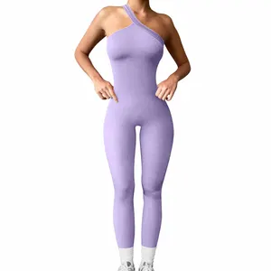 New Arrival One Shoulder Sports Seamless Ribbed One Piece Workout Yoga Jumpsuits