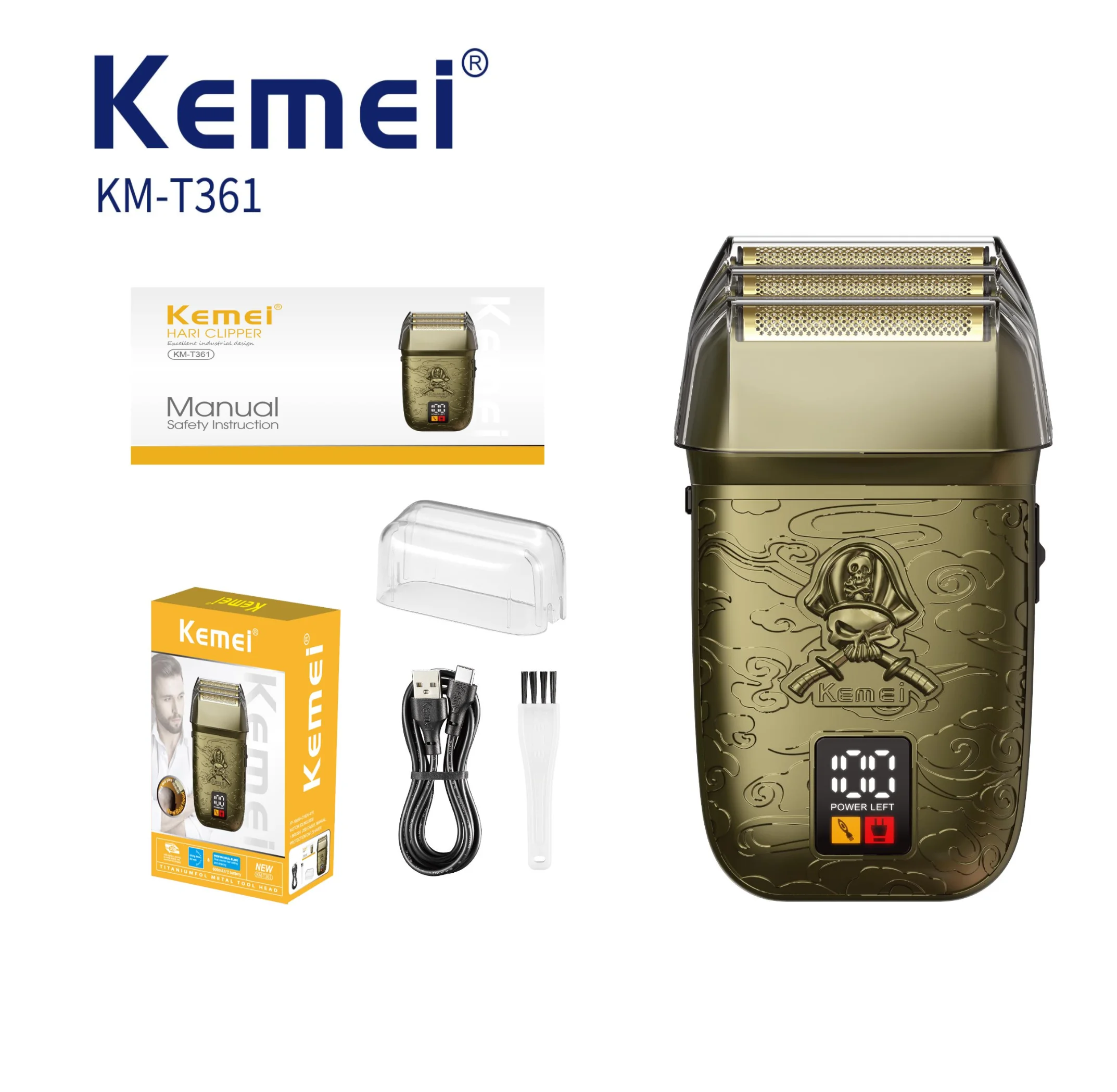 KEMEI KM-T361, rasoir à lame fixe classique en métal pour hommes, 6500 tr/min, 3 lames en acier inoxydable, batterie de 600 mAh, recharge USB, rasoir avec tête amovible, vente en gros