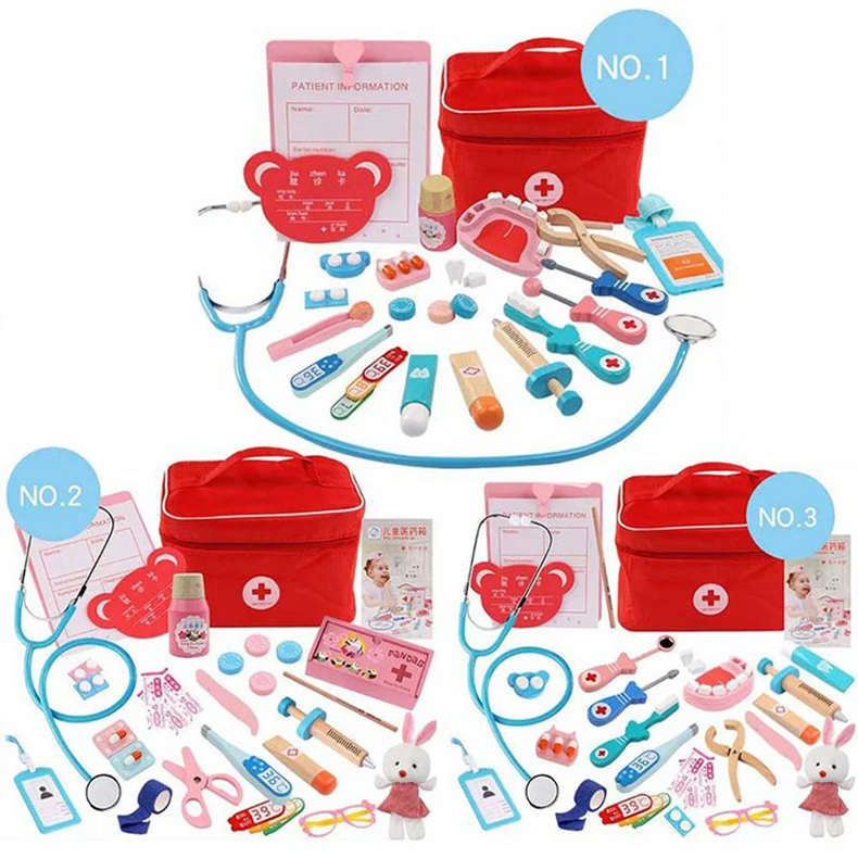 Набор докторских игрушек для детей деревянный комплект ролевых игр девочек и мальчиков красный медицинский стоматологический бокс лекарств тканевые сумки
