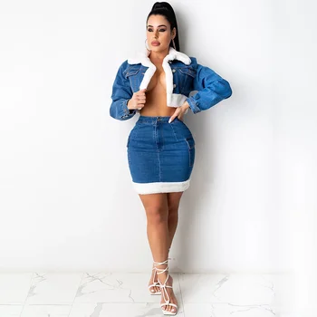 Ladies Plush Thicker 2021 Two Piece Skirts Set Winter Fashionable Denim Outfits Short Jean Skirt And Jacket Sets For Women