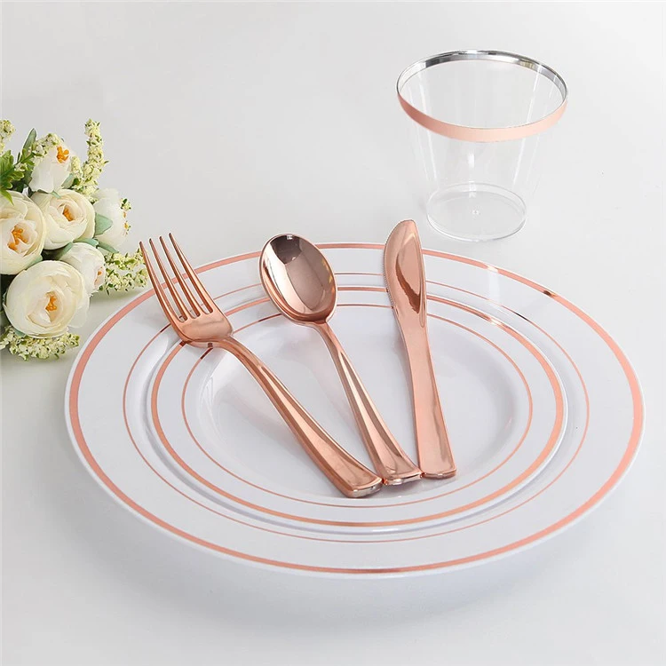 300 Pieces Rose Gold Plastic Silverware for Party and Wedding