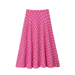 Autumn New Women's Fashion Casual Empire Waist Vintage Floral Zipper Closure Printed Midi Skirt