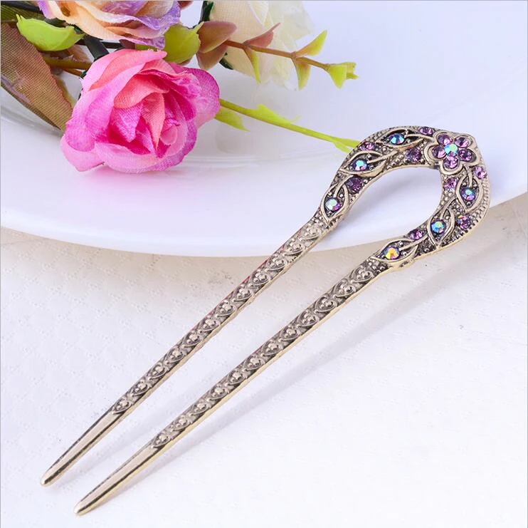 
Vintage Accessories Antique Bronze Plated Hairpins U shape Stick Pin Women Rhinestone Flower Hair Jewelry 