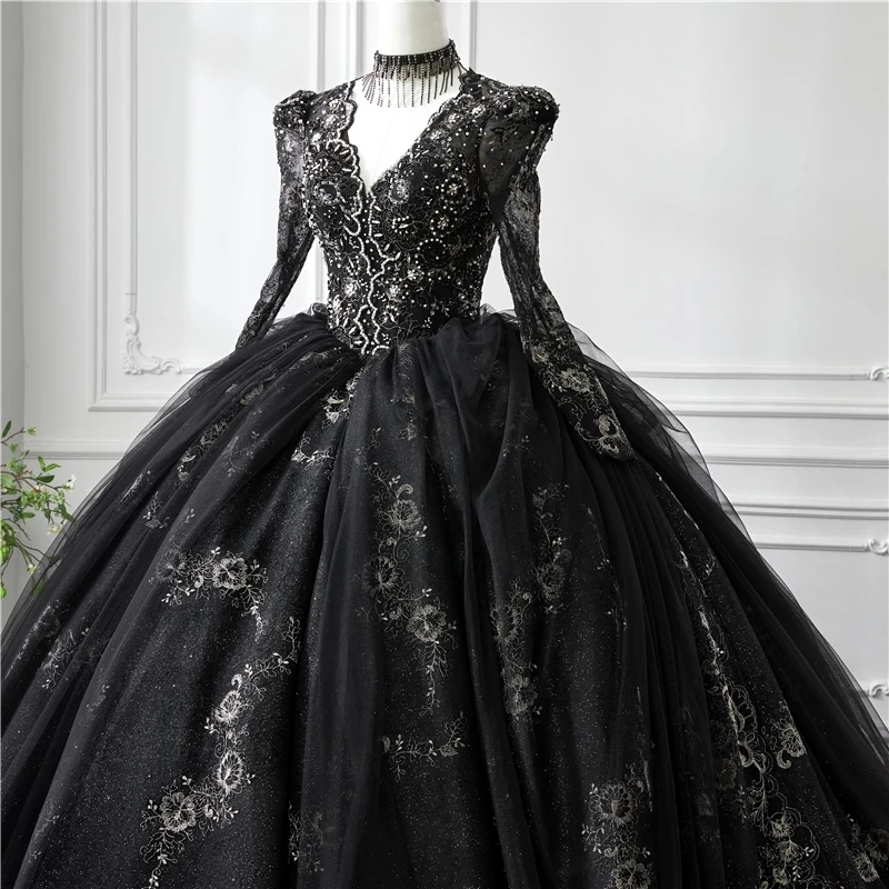 long sleeve black ball gown wedding dress Black Sweetheart Long Sleeves Lace Backless Wedding Dresses WD673 US18 / As Picture