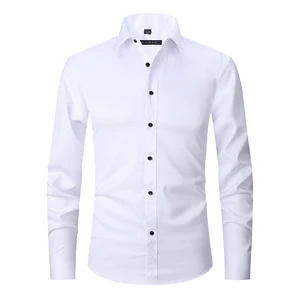 Men's Casual Anti-Wrinkle Shirt Four-Sided Stretch Slim-Fit Long Sleeve Solid Color Single Breasted Button Twill for Autumn