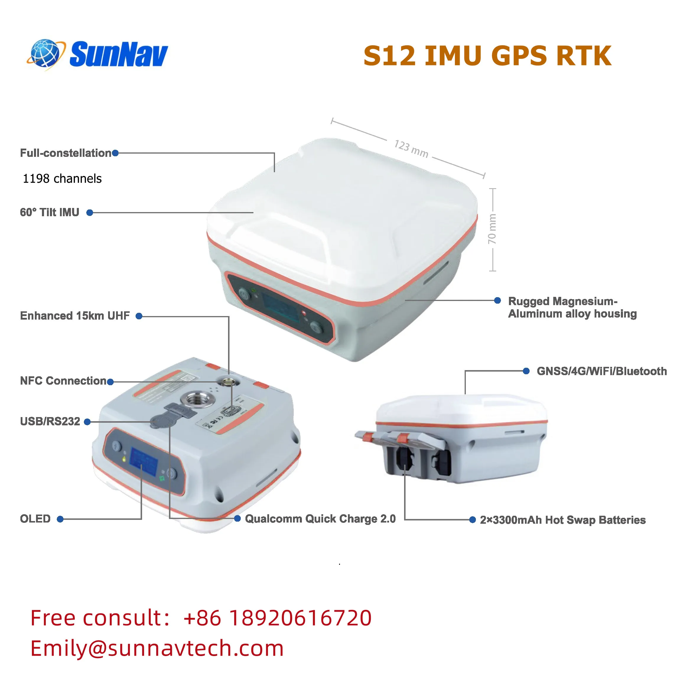 1198 Channels Gps Rtk Comnav Y1 GPS SunNav S12 RTK GNSS RTK Receiver Comnav