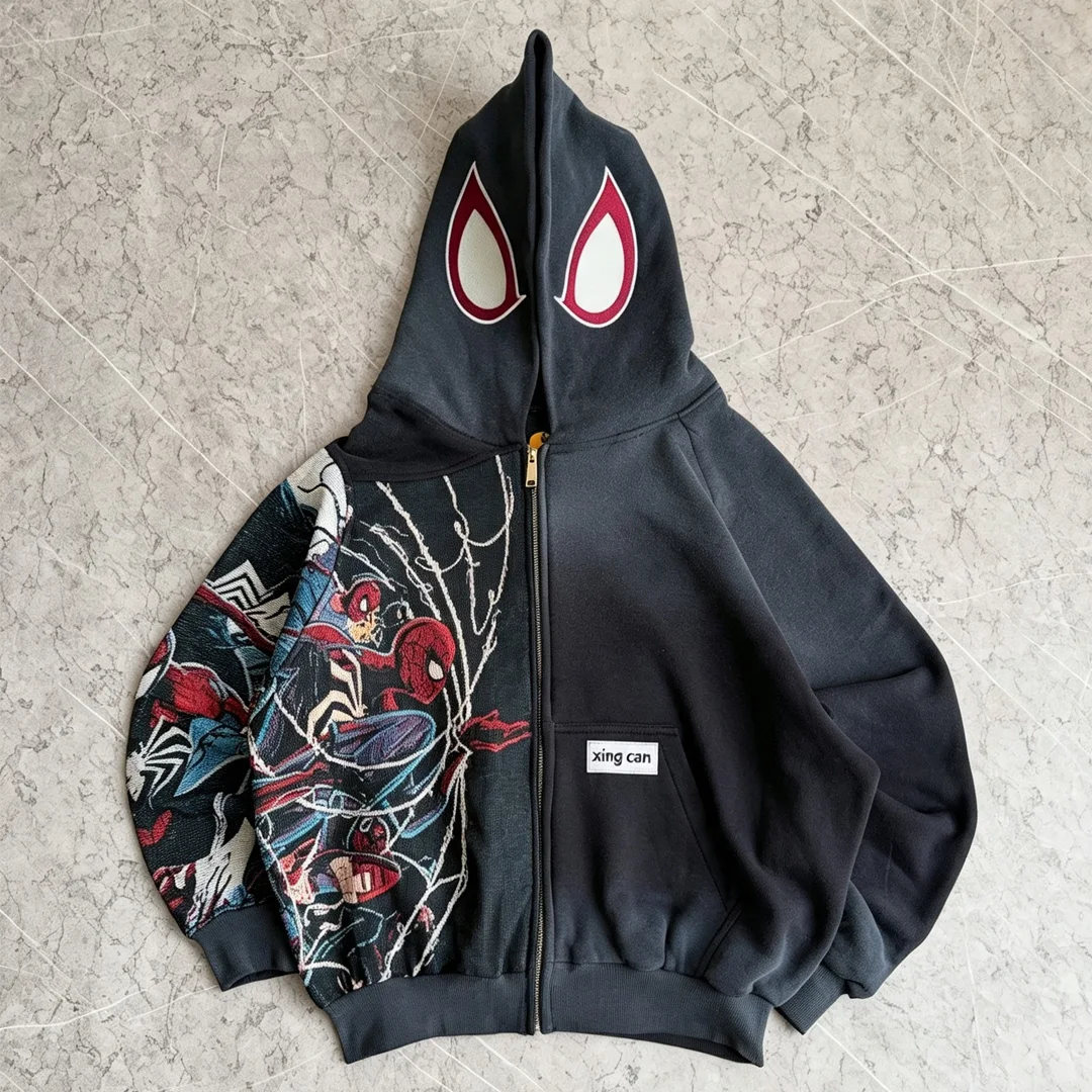 Groothandel Verdeelde Saamgevoegde Ritssluiter Hoodie Spider Man, Vintage Gewasde Swart Swaar Straatdrae Ritssluiter Hoodie Fabriek Aangepas OEM