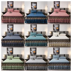 High Quality European Style Luxury Cotton Silky Bedspread Queen Bed Skirt Bed Sheets Set with Pleats Skirt