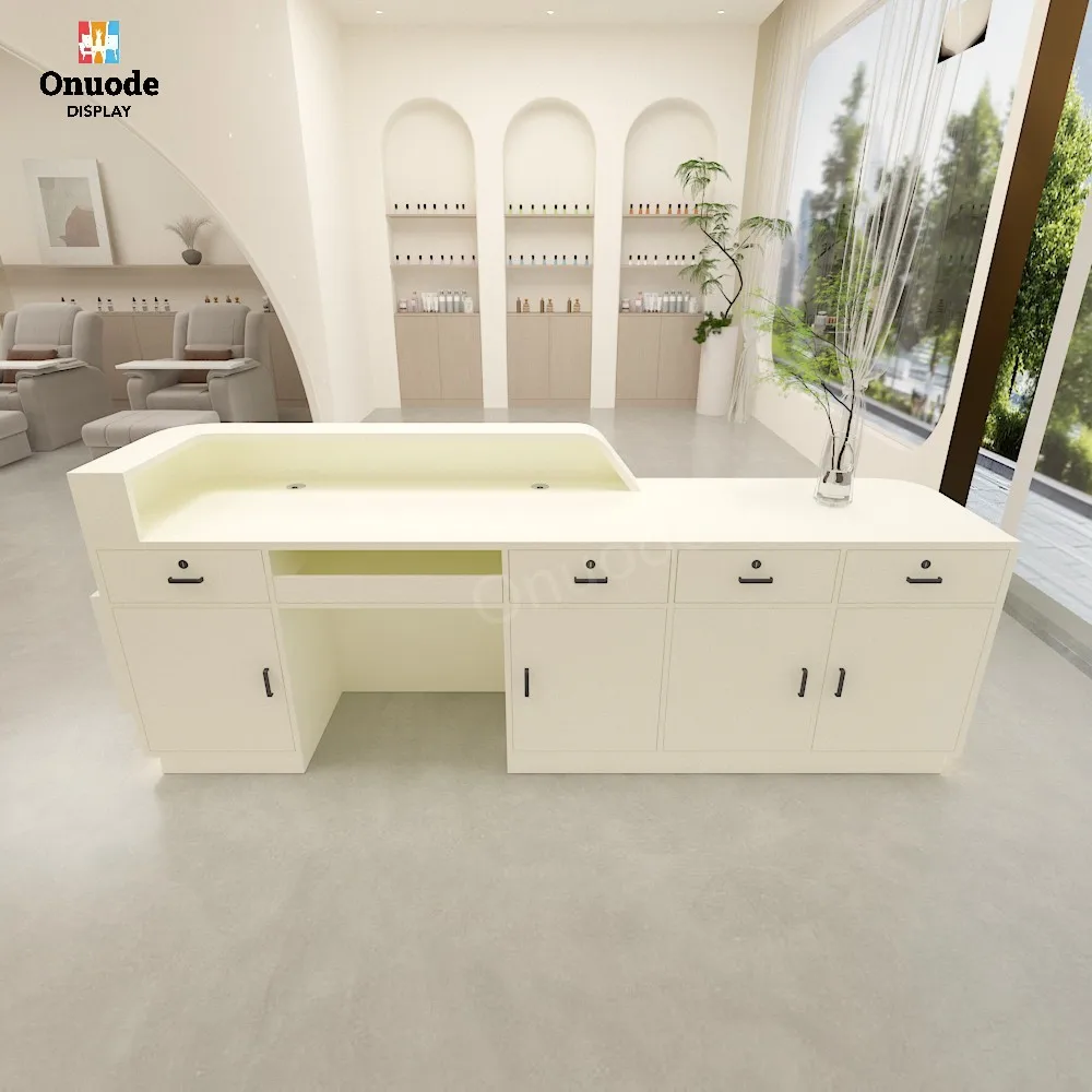 Custom Hotel & Salon Reception Desk | LED Cashier Checkout Counter | Front Counter Showcases for Office & Beauty Store